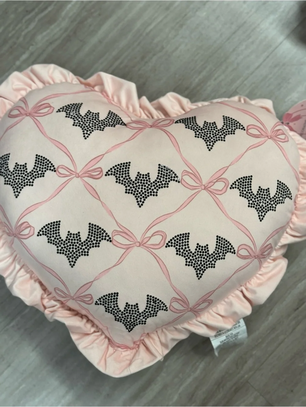 Pink Heart Pillow with Black Bat Pattern